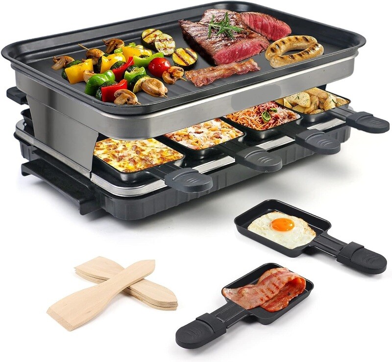 8 Mini Non-Stick Pans for Raclette Cheese Dishes - Cooking Party Kitchen Cooker with 1 Steak Pan and 1500W BBQ Grill for Healthy Grilling and Entertaining