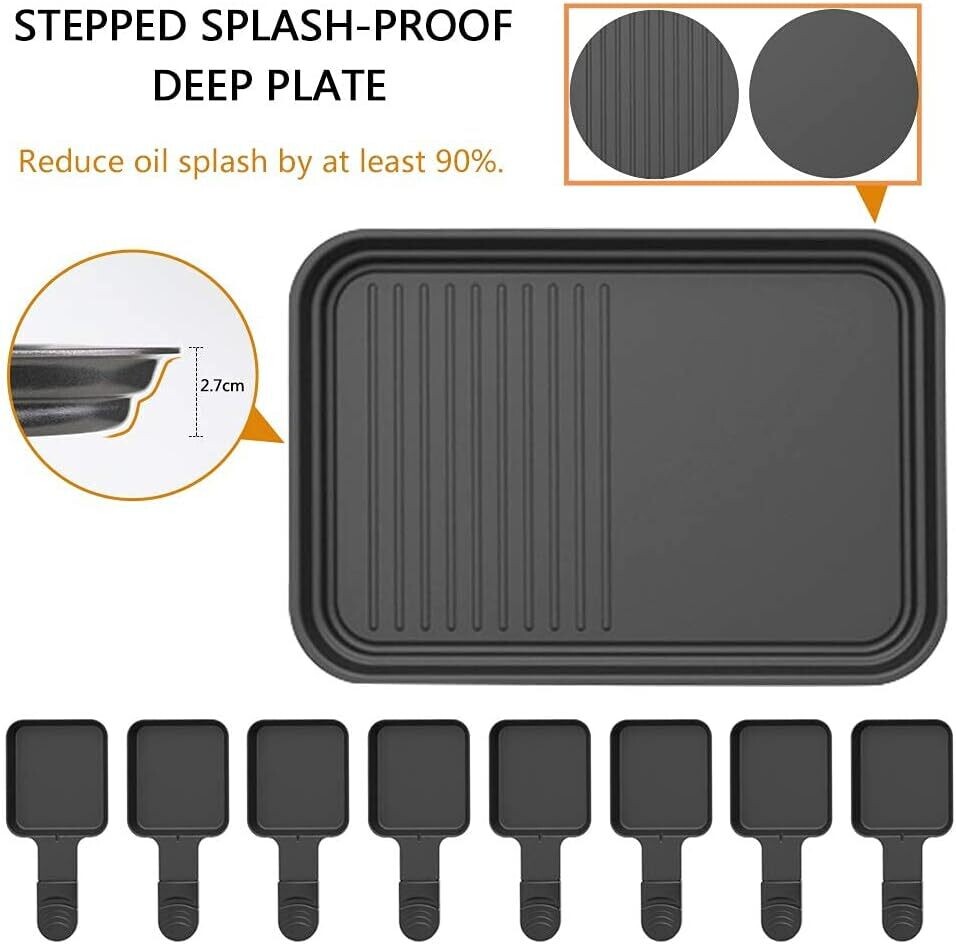 8 Mini Non-Stick Pans for Raclette Cheese Dishes - Cooking Party Kitchen Cooker with 1 Steak Pan and 1500W BBQ Grill for Healthy Grilling and Entertaining