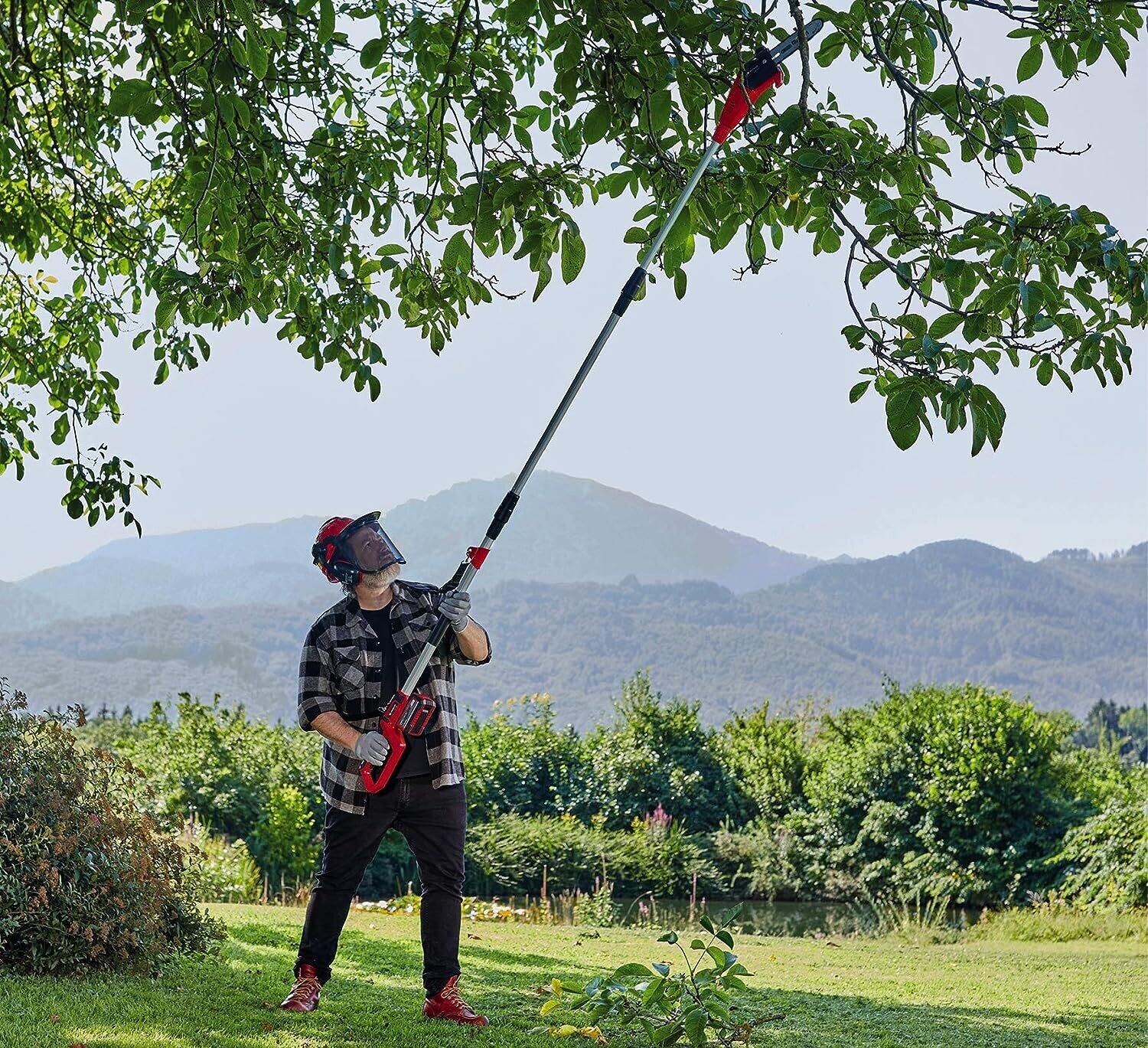 18V Cordless Pole Pruner with 20 cm Blade, 30° Tilt Motor Head, Extension Rod, and Metal Gear