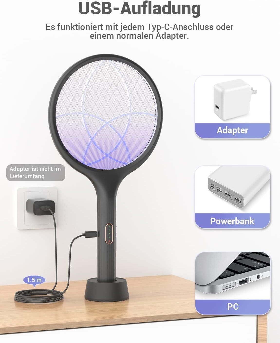 Electric Fly Swatter Extra Strong 4000V 2-in-1 USB-C Rechargeable Mosquito Swatter with UV Light Trap – Portable Bug Zapper for Home and Outdoors