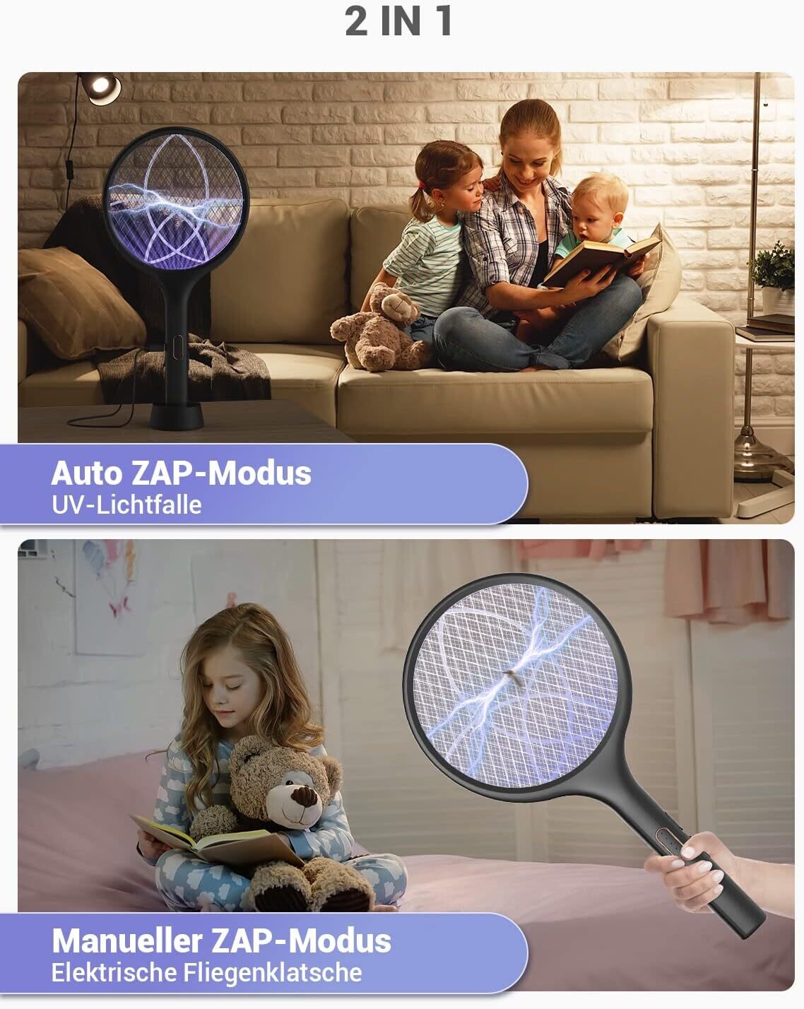 Electric Fly Swatter Extra Strong 4000V 2-in-1 USB-C Rechargeable Mosquito Swatter with UV Light Trap – Portable Bug Zapper for Home and Outdoors