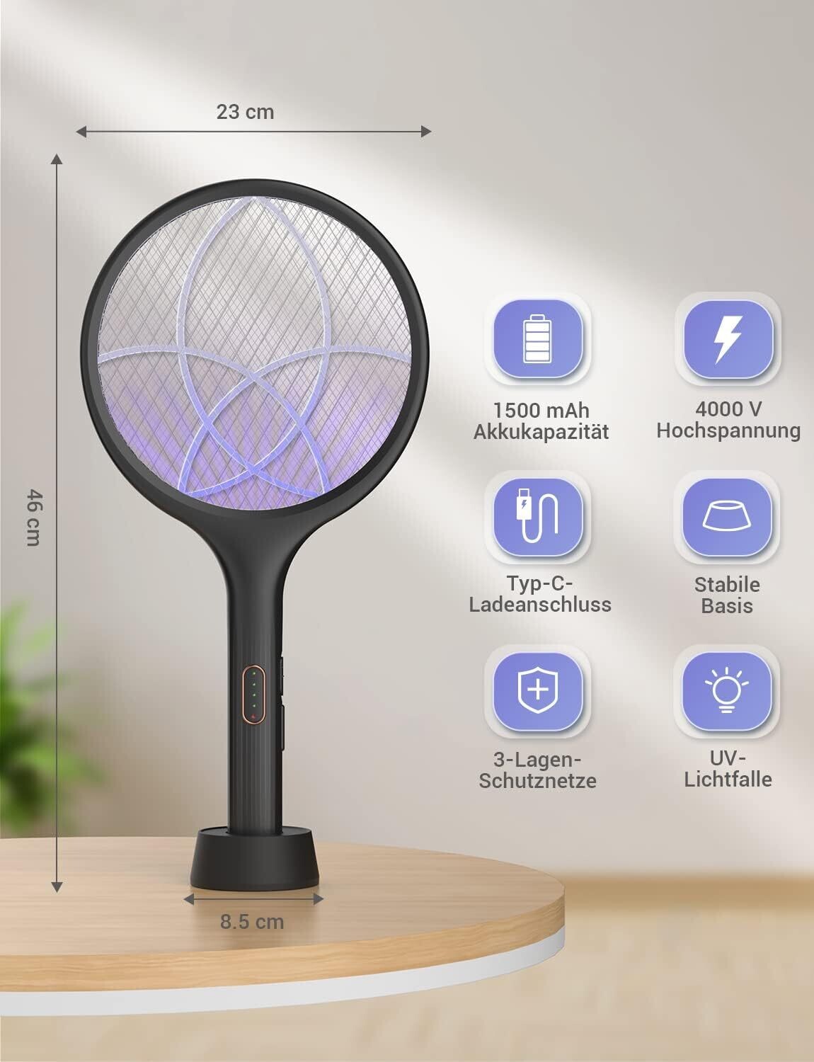 Electric Fly Swatter Extra Strong 4000V 2-in-1 USB-C Rechargeable Mosquito Swatter with UV Light Trap – Portable Bug Zapper for Home and Outdoors