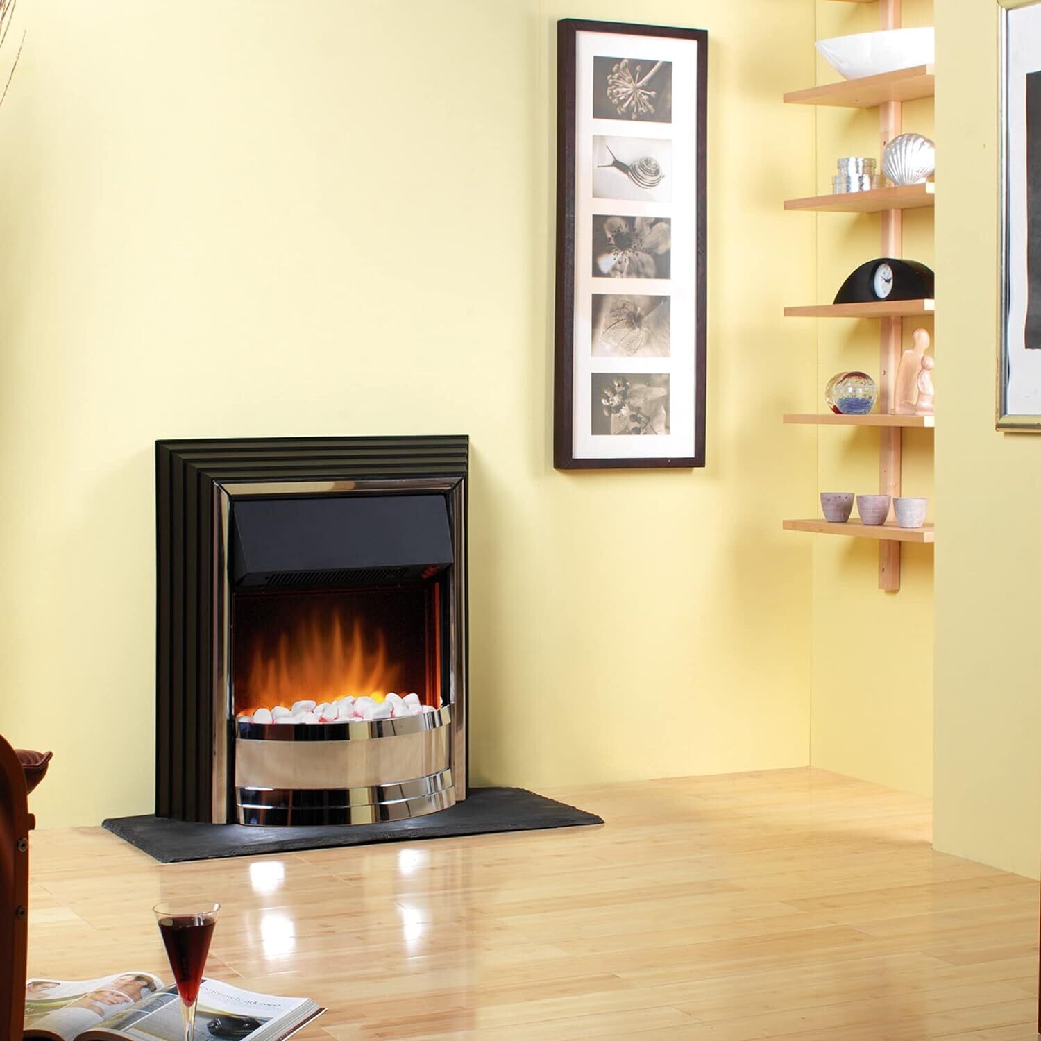 Thermostat and Adjustable 2kW Heater and Contemporary LED Flame Effect with a Choice of Coal or White Pebble