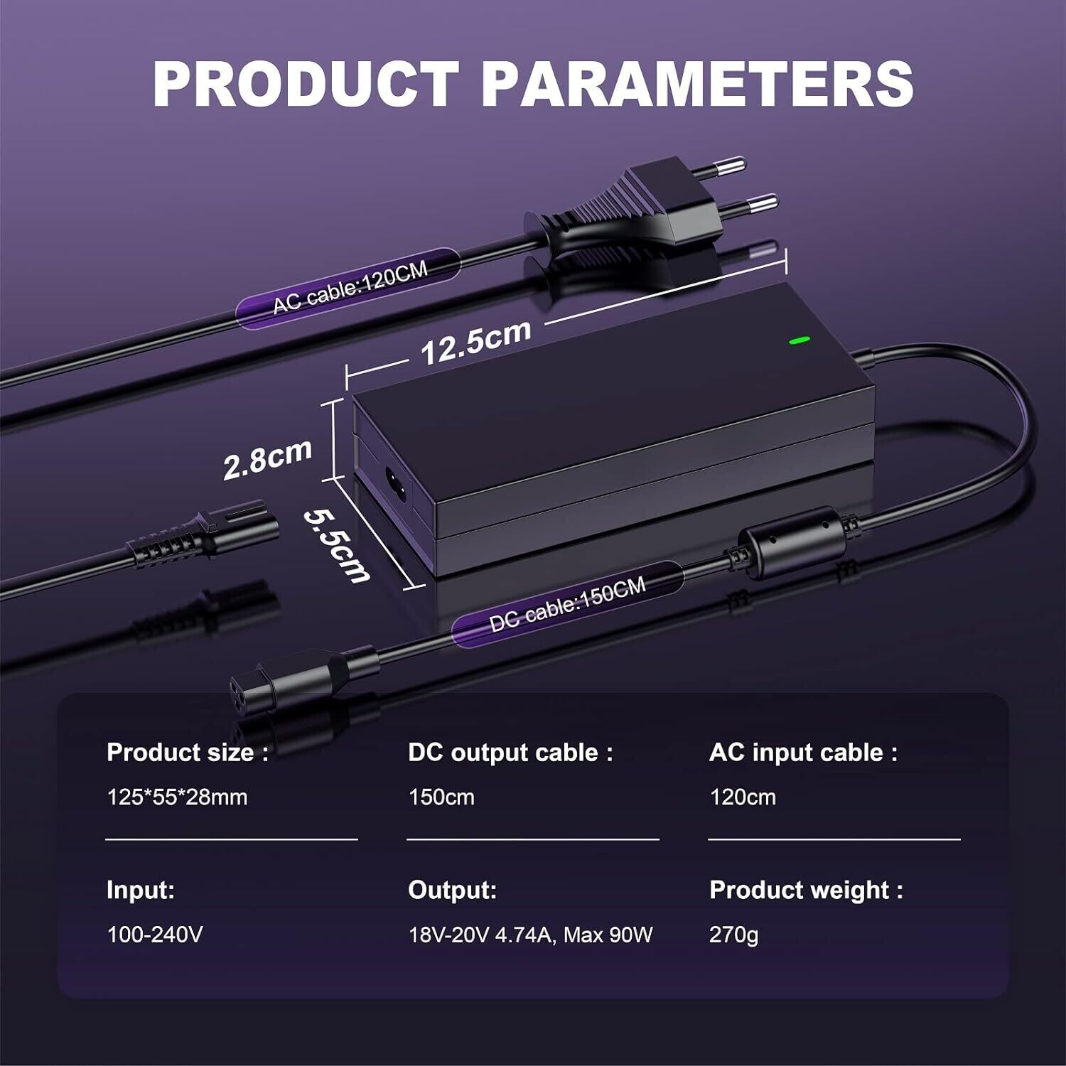 90W Universal Power Supply Laptop Charging Cable - AC Adapter Charger for Notebooks and Laptops, Compatible with Multiple Brands for Reliable Charging