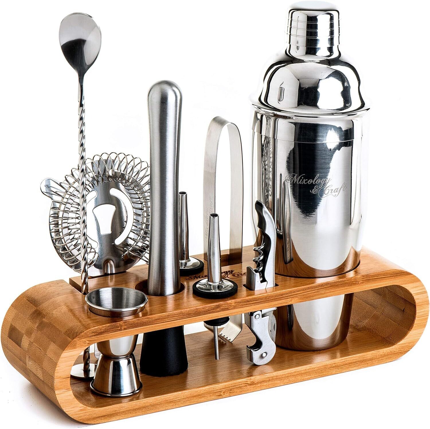 Cocktail Making Set with Wooden Stand, Stainless Steel