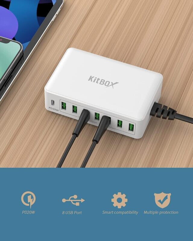 USB Charger 60W 12A USB Charging Station Multiple USB Socket USB Charger Desktop Charger for iPhone iPad, Smartphone Android Tablet and more