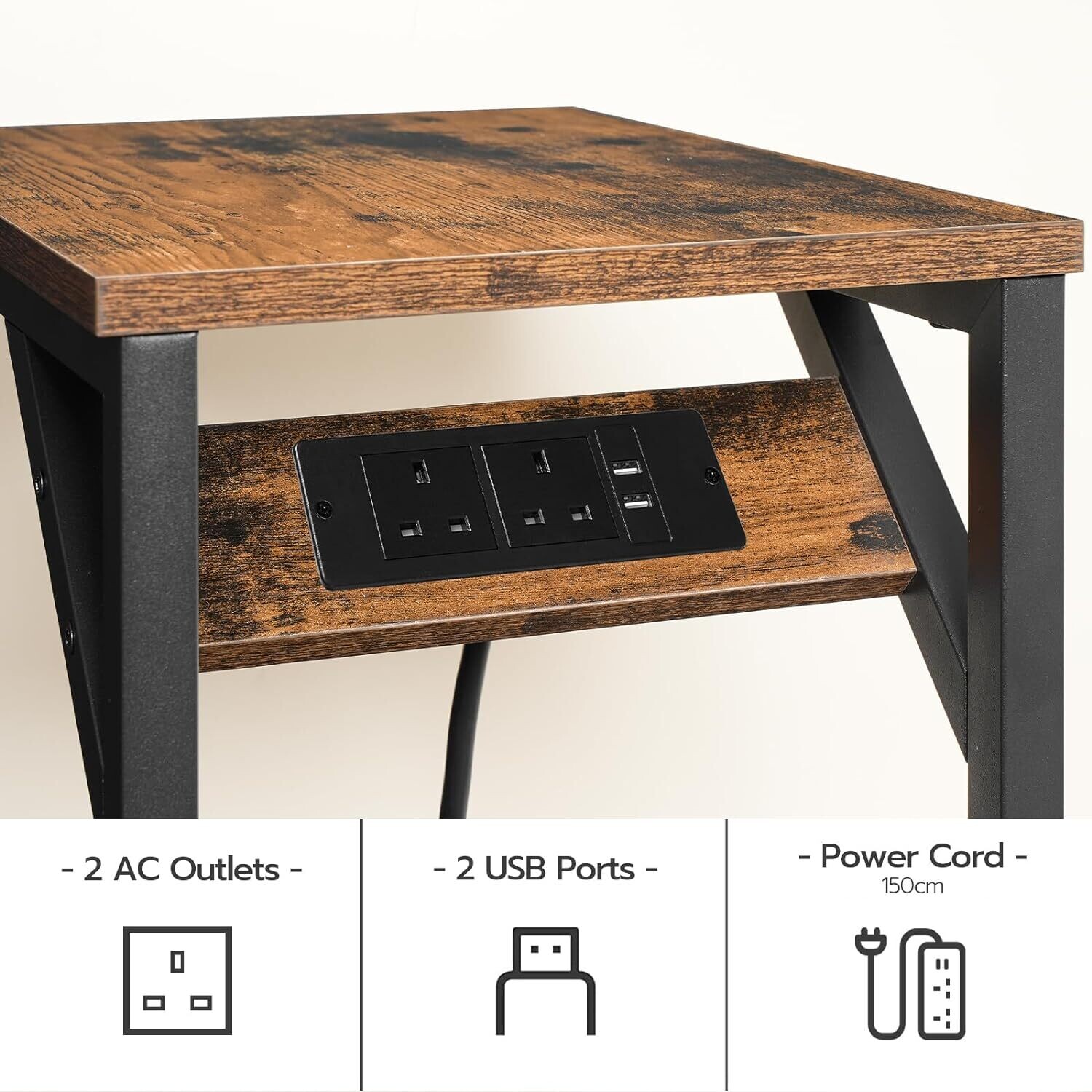 C-Shape Side Table, Sofa Table with Charging Station, Laptop Table for Sofa, 2 USB Ports 2 AC Outlets and triangular Storage Space.