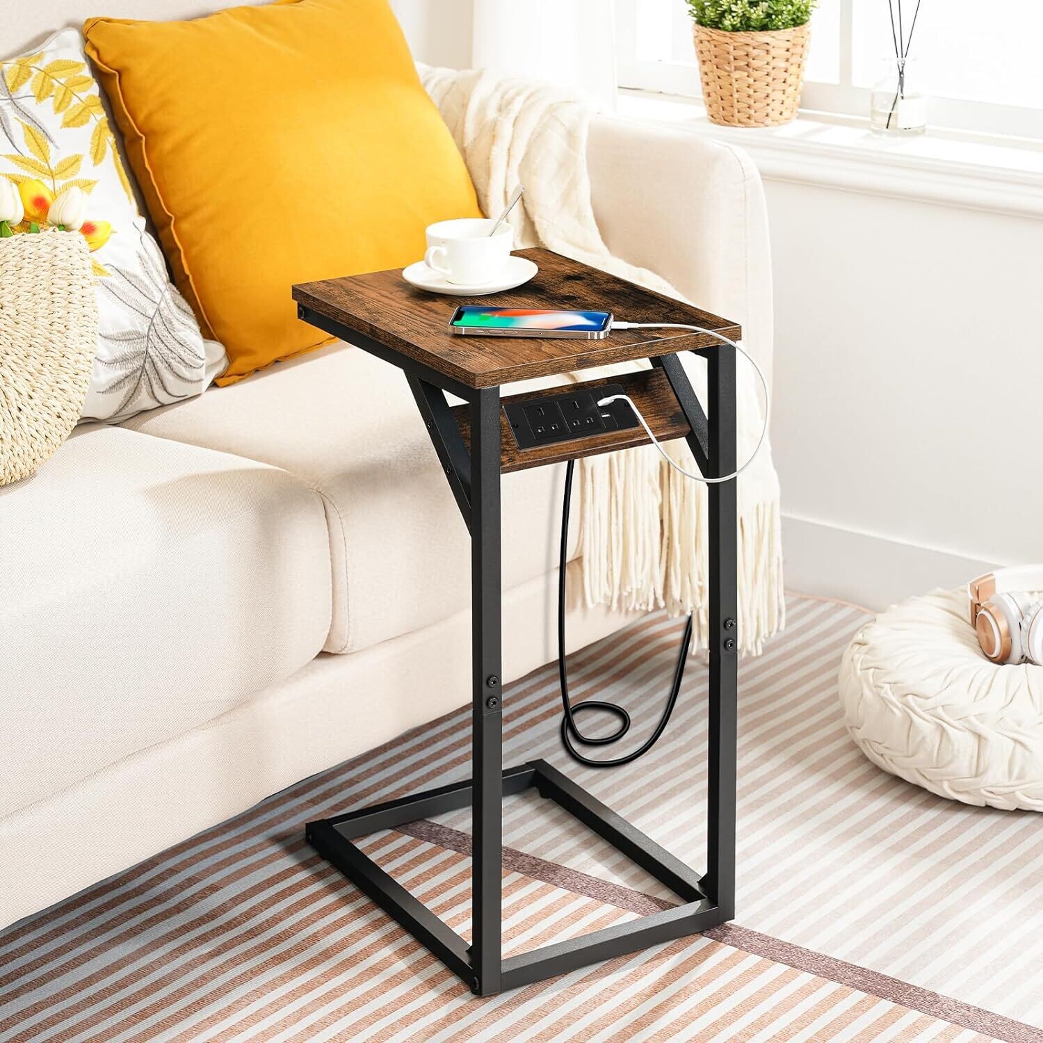 C-Shape Side Table, Sofa Table with Charging Station, Laptop Table for Sofa, 2 USB Ports 2 AC Outlets and triangular Storage Space.