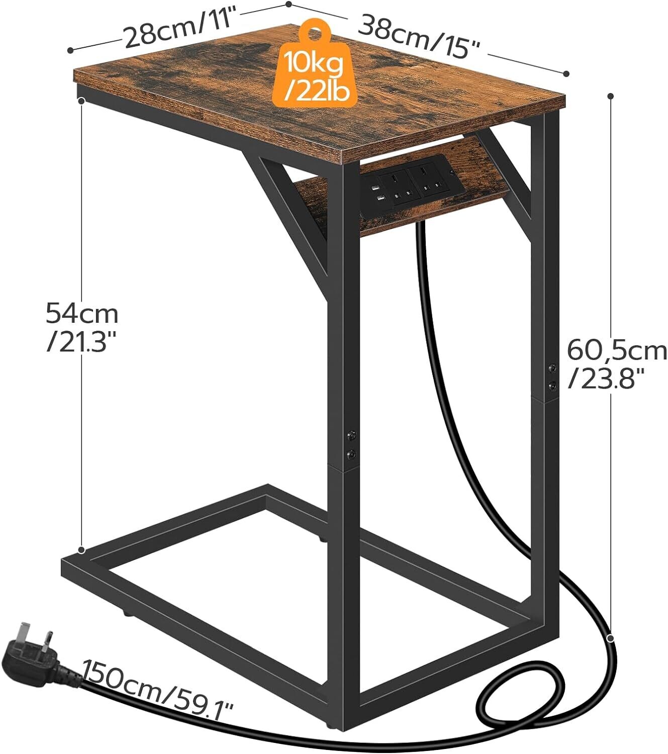 C-Shape Side Table, Sofa Table with Charging Station, Laptop Table for Sofa, 2 USB Ports 2 AC Outlets and triangular Storage Space.