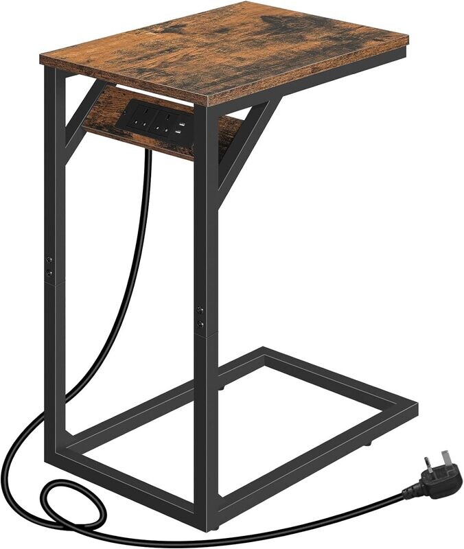 C-Shape Side Table, Sofa Table with Charging Station, Laptop Table for Sofa, 2 USB Ports 2 AC Outlets and triangular Storage Space.