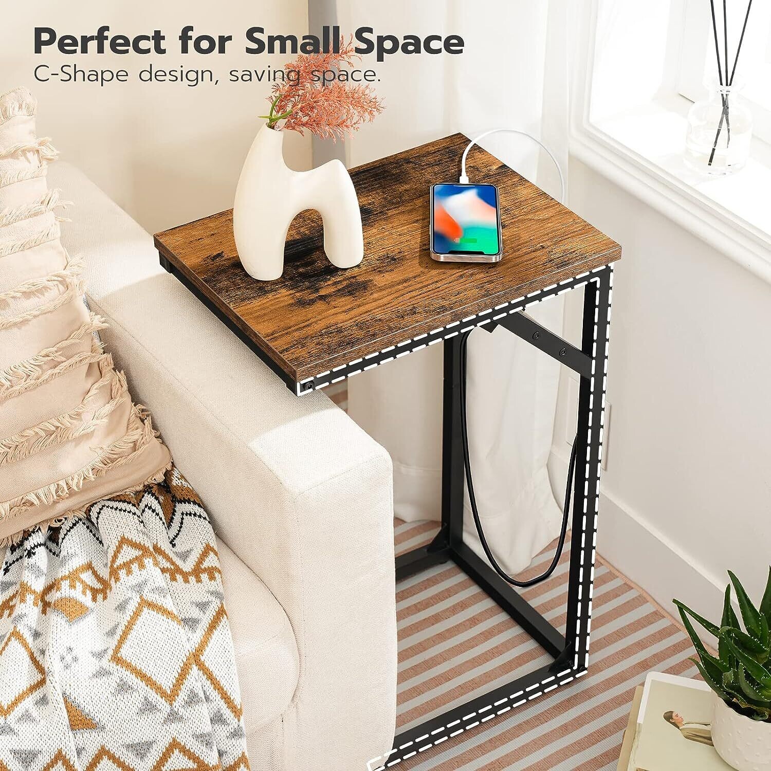 C-Shape Side Table, Sofa Table with Charging Station, Laptop Table for Sofa, 2 USB Ports 2 AC Outlets and triangular Storage Space.