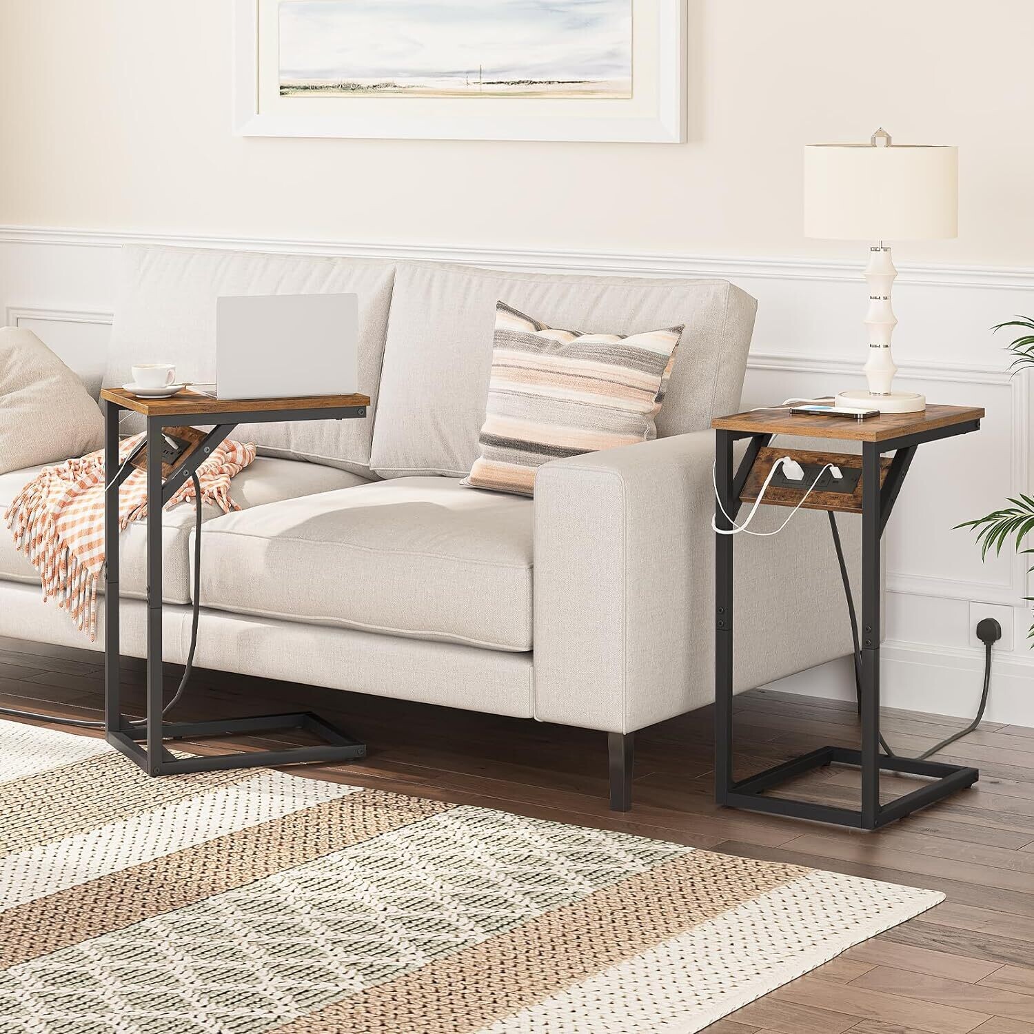 C-Shape Side Table, Sofa Table with Charging Station, Laptop Table for Sofa, 2 USB Ports 2 AC Outlets and triangular Storage Space.