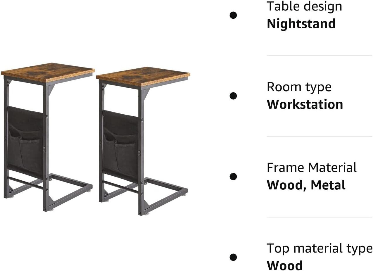 C Shape Table, Sofa Side Table Set of 2, Nightstand with Storage Shelf and Fabric Bag, Laptop Coffee Snack Table for Small Space, Living Room, Bedroom, Office,