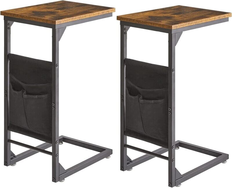 C Shape Table, Sofa Side Table Set of 2, Nightstand with Storage Shelf and Fabric Bag, Laptop Coffee Snack Table for Small Space, Living Room, Bedroom, Office,