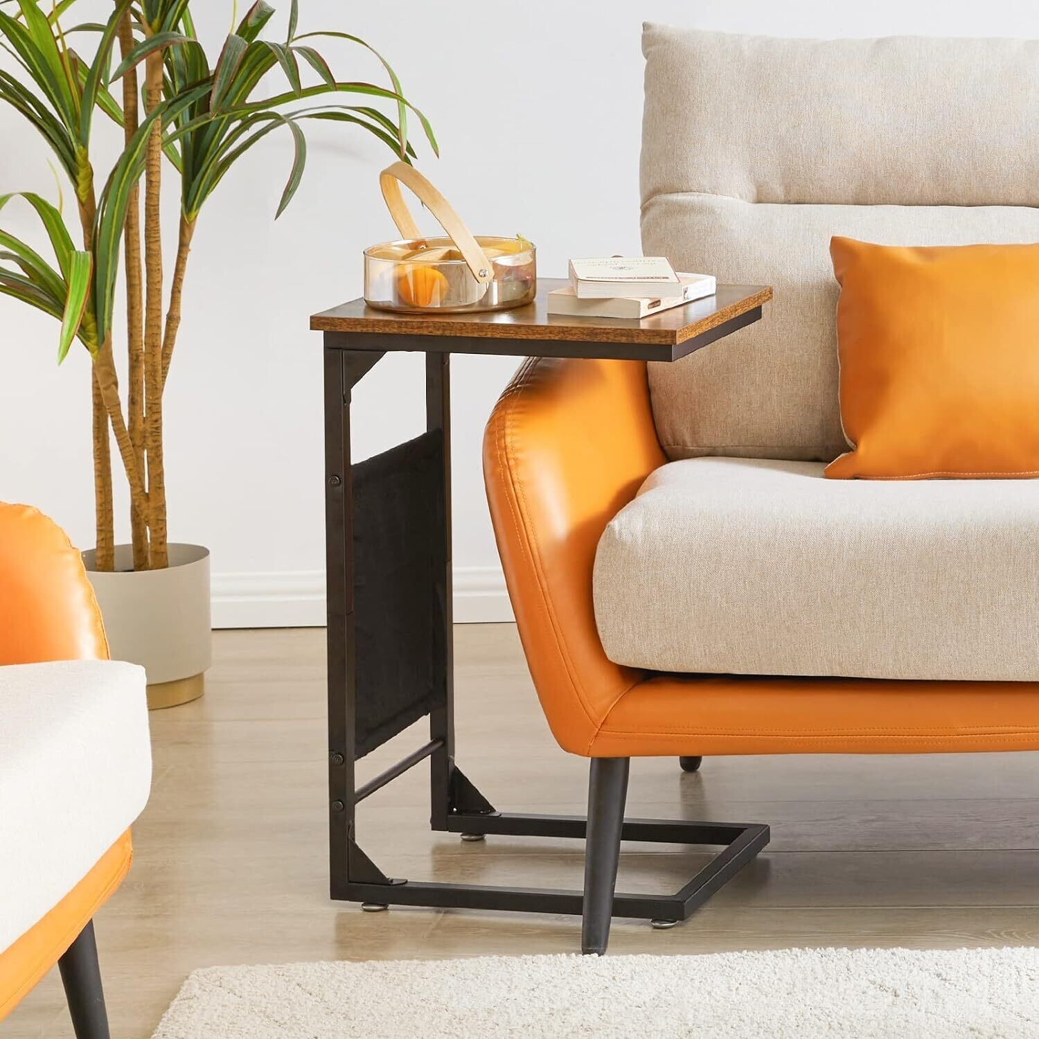 C Shape Table, Sofa Side Table Set of 2, Nightstand with Storage Shelf and Fabric Bag, Laptop Coffee Snack Table for Small Space, Living Room, Bedroom, Office,