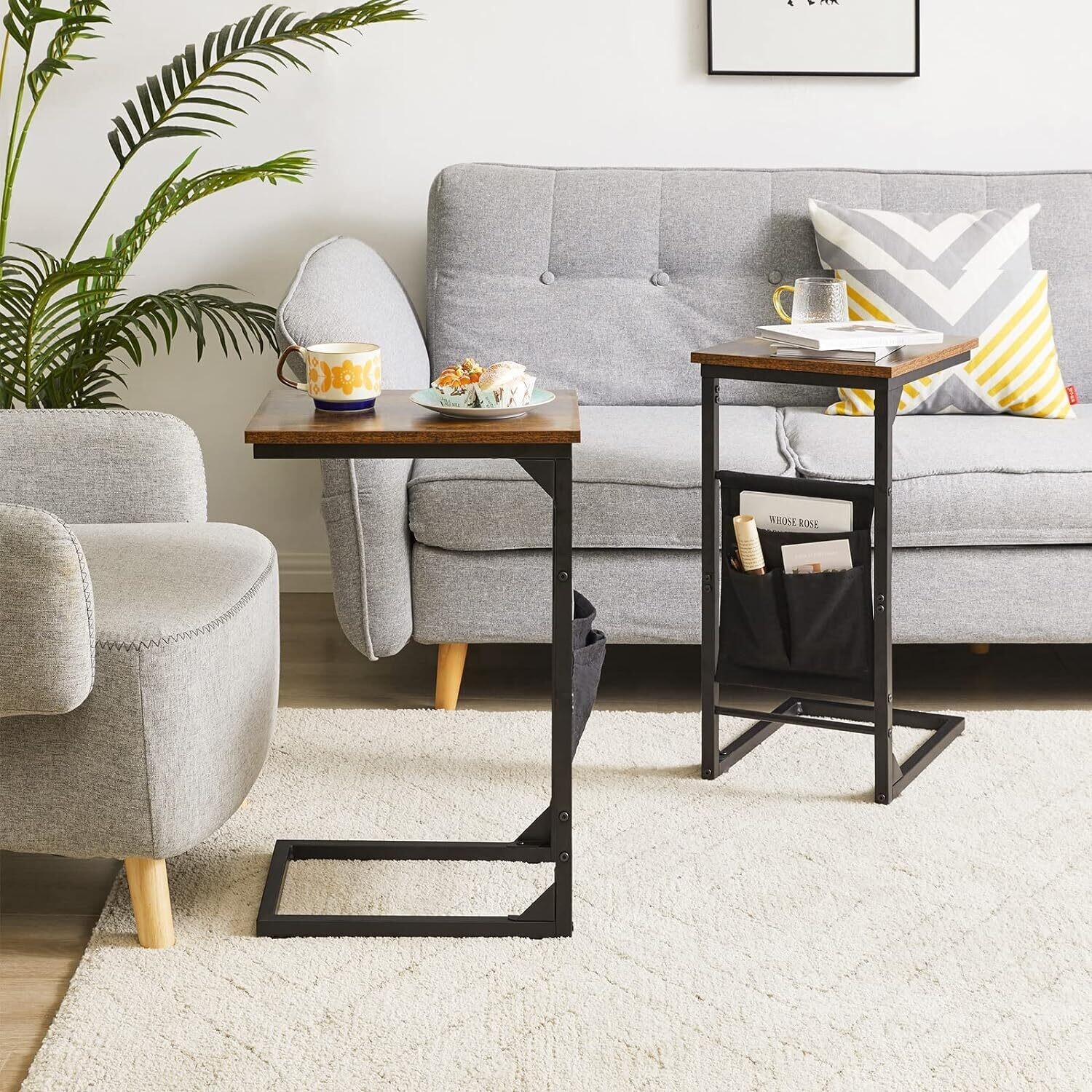 C Shape Table, Sofa Side Table Set of 2, Nightstand with Storage Shelf and Fabric Bag, Laptop Coffee Snack Table for Small Space, Living Room, Bedroom, Office,