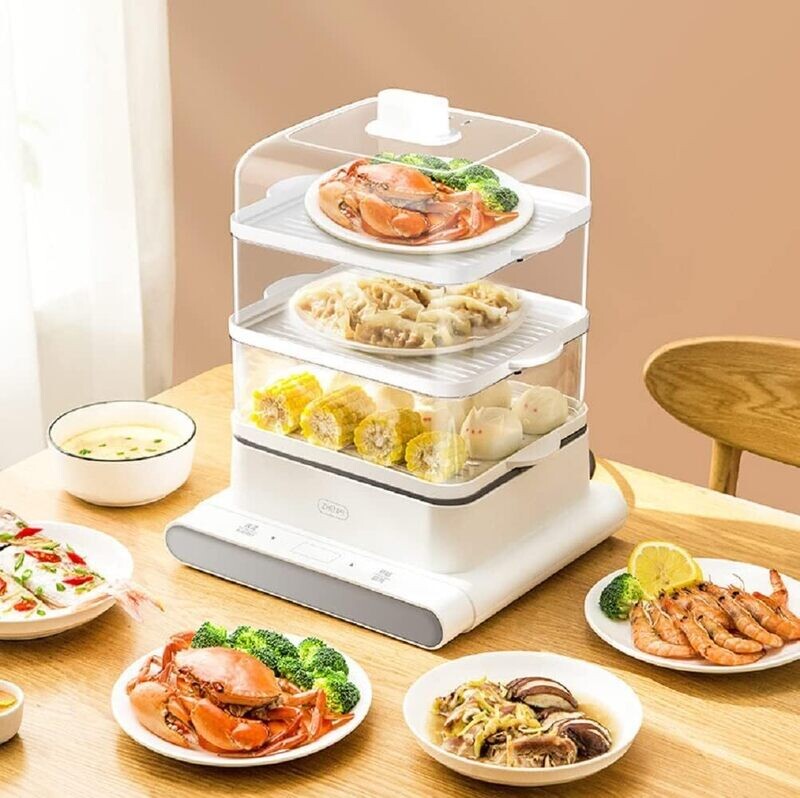 12 L Electric Steamer, Three Layers Large Capacity Visual Steamer Intelligent Anti-Dry Electric Steamer Breakfast Machine with Automatic Shut-Off