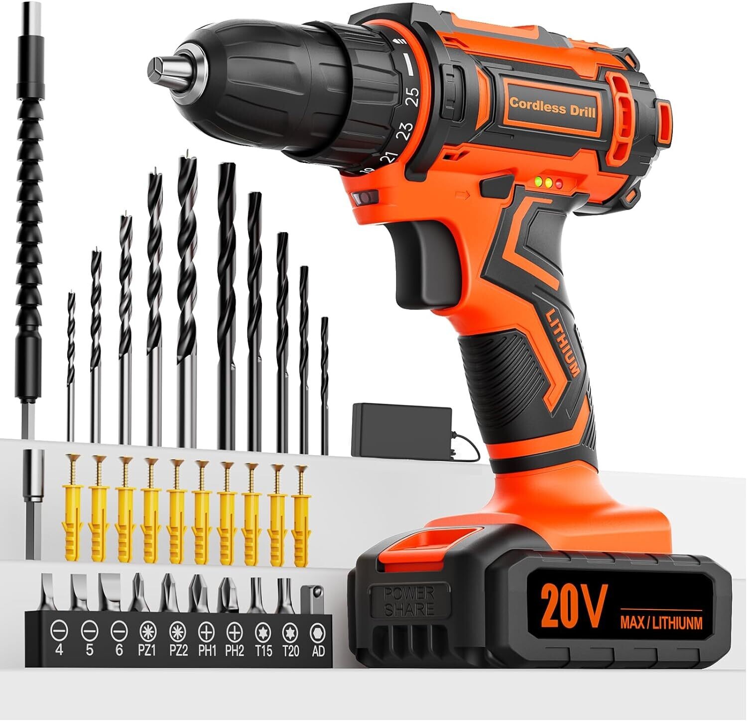 Cordless 20V Drill Set – 42 Accessories, 42Nm Electric Screwdriver, 2.0Ah Battery, 25+1 Torque, 2 Speed Settings, LED Light