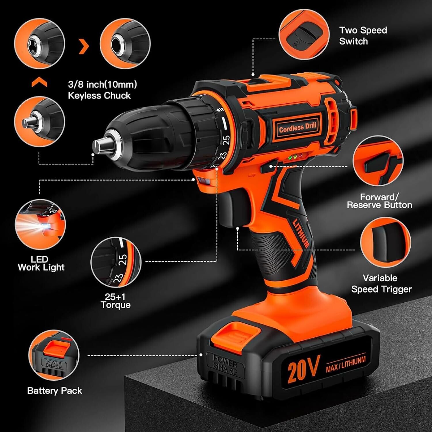 Cordless 20V Drill Set – 42 Accessories, 42Nm Electric Screwdriver, 2.0Ah Battery, 25+1 Torque, 2 Speed Settings, LED Light