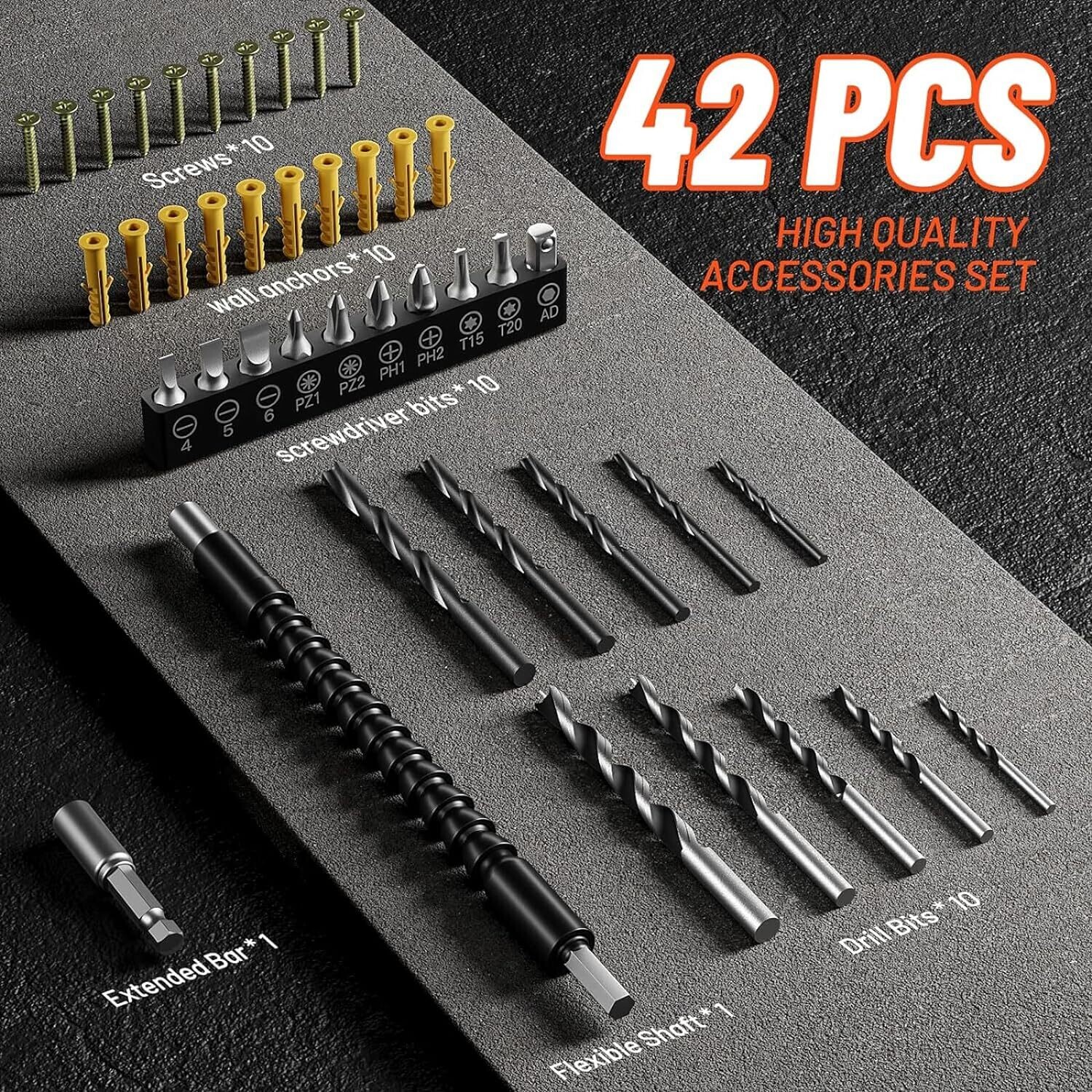 Cordless 20V Drill Set – 42 Accessories, 42Nm Electric Screwdriver, 2.0Ah Battery, 25+1 Torque, 2 Speed Settings, LED Light