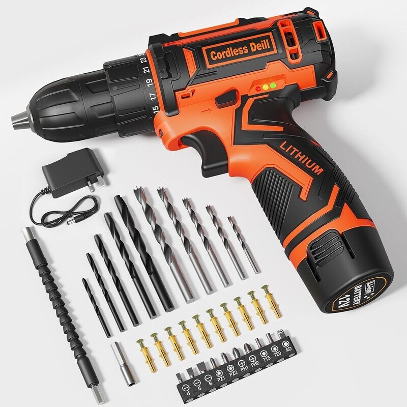 Cordless Drill, 20V Drill Set with 42 Accessories, Electric Screwdriver, Electric Power Drill Driver, 42Nm Battery Drill, 2.0Ah Battery, 25+1 Torque, 2 Speed, LED Light, Combi Drills, Voltage: 12 Volts