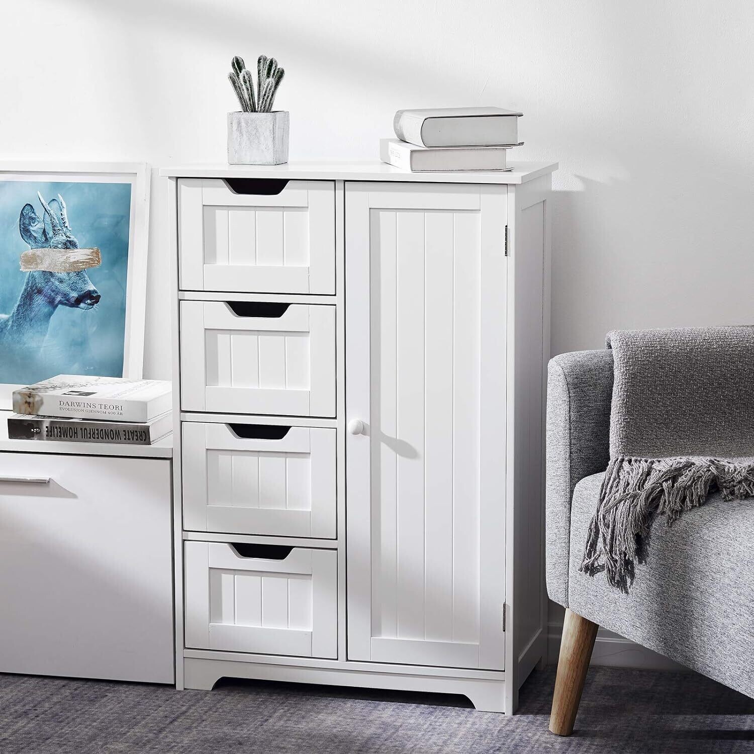 Wooden Storage Unit with 4 Drawers and 1 Door Adjustable Shelf Modern Style Used in Bathroom Living Room Bedroom Kitchen Room, White