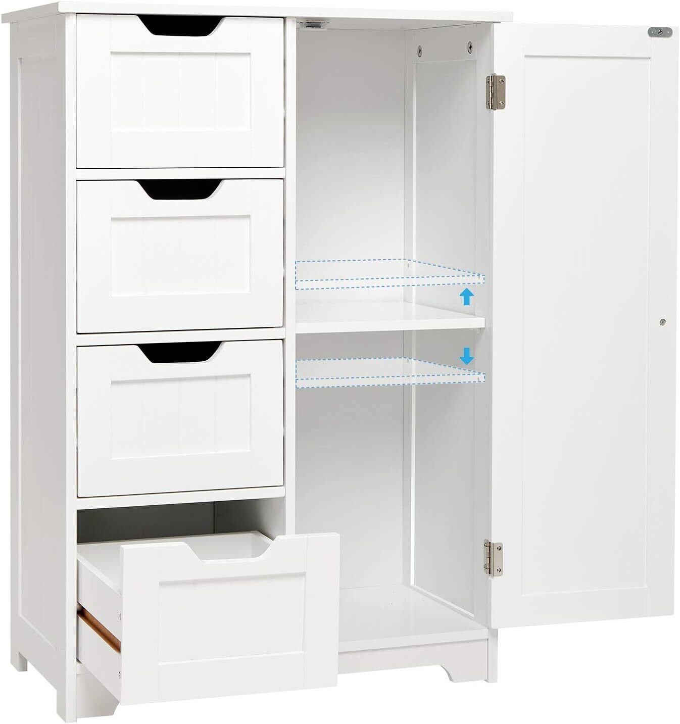 Wooden Storage Unit with 4 Drawers and 1 Door Adjustable Shelf Modern Style Used in Bathroom Living Room Bedroom Kitchen Room, White