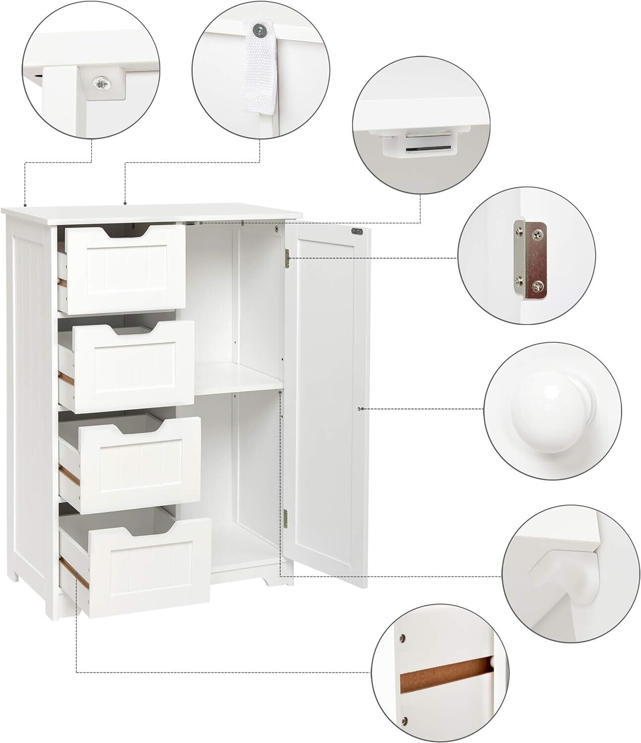 Wooden Storage Unit with 4 Drawers and 1 Door Adjustable Shelf Modern Style Used in Bathroom Living Room Bedroom Kitchen Room, White