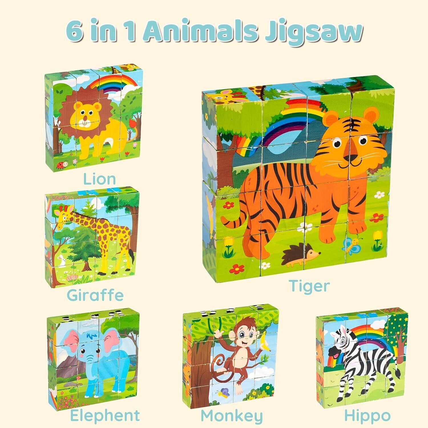 Wooden Picture Cube, Wooden Puzzle, 3D Cube Puzzle, Puzzle Games, 6-in-1 Animal Motifs for Children from 1 2 3 Years