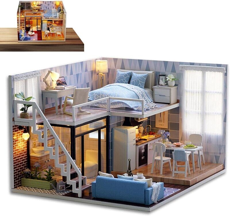 Wooden Doll House Furniture  House Kit DIY Miniature House Dollhouse Construction Kit Dollhouse Miniature DIY House Building Kit Creative Room with Furniture