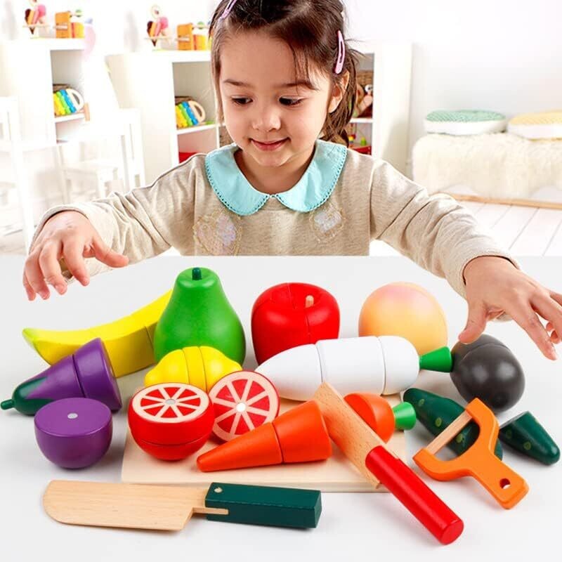 Wooden Kitchen Cut Food Kids Toy, Fruits and Vegetables Magnetic Toy