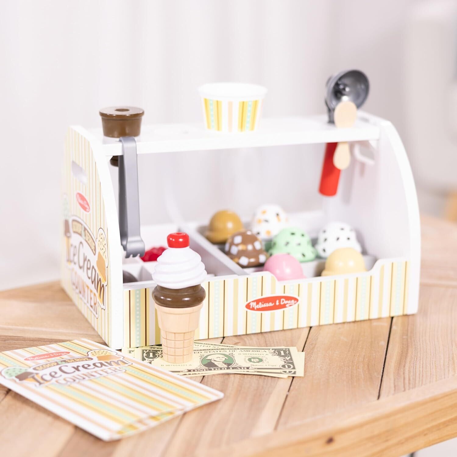 Wooden Scoop and Serve Ice Cream Counter (28 Pieces) - Play Food and Accessories