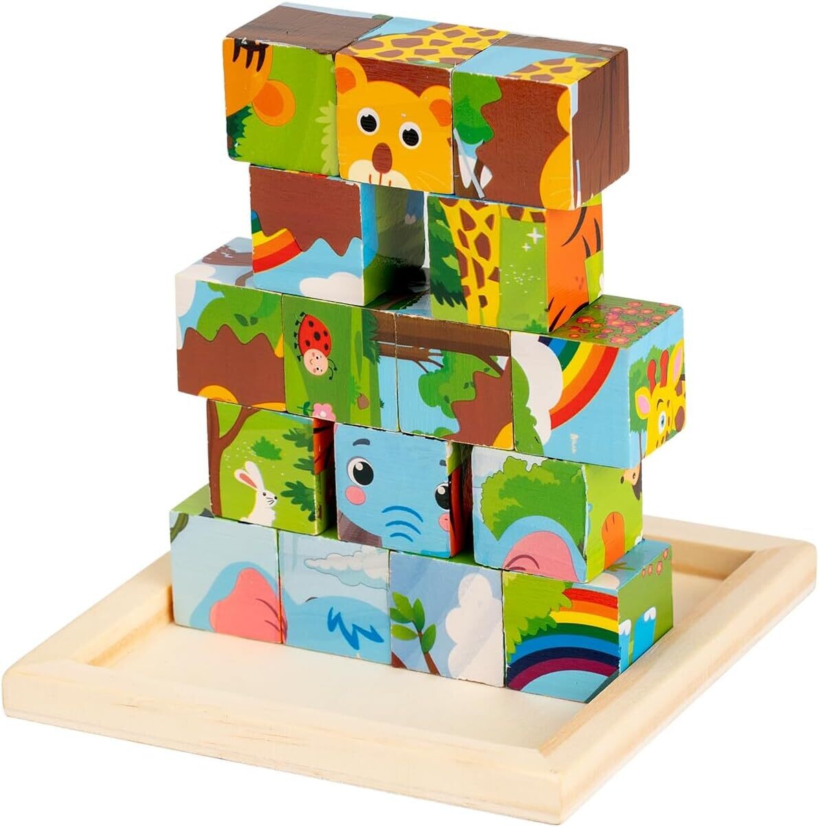 Wooden Picture Cube, Wooden Puzzle, 3D Cube Puzzle, Puzzle Games, 6-in-1 Animal Motifs for Children from 1 2 3 Years