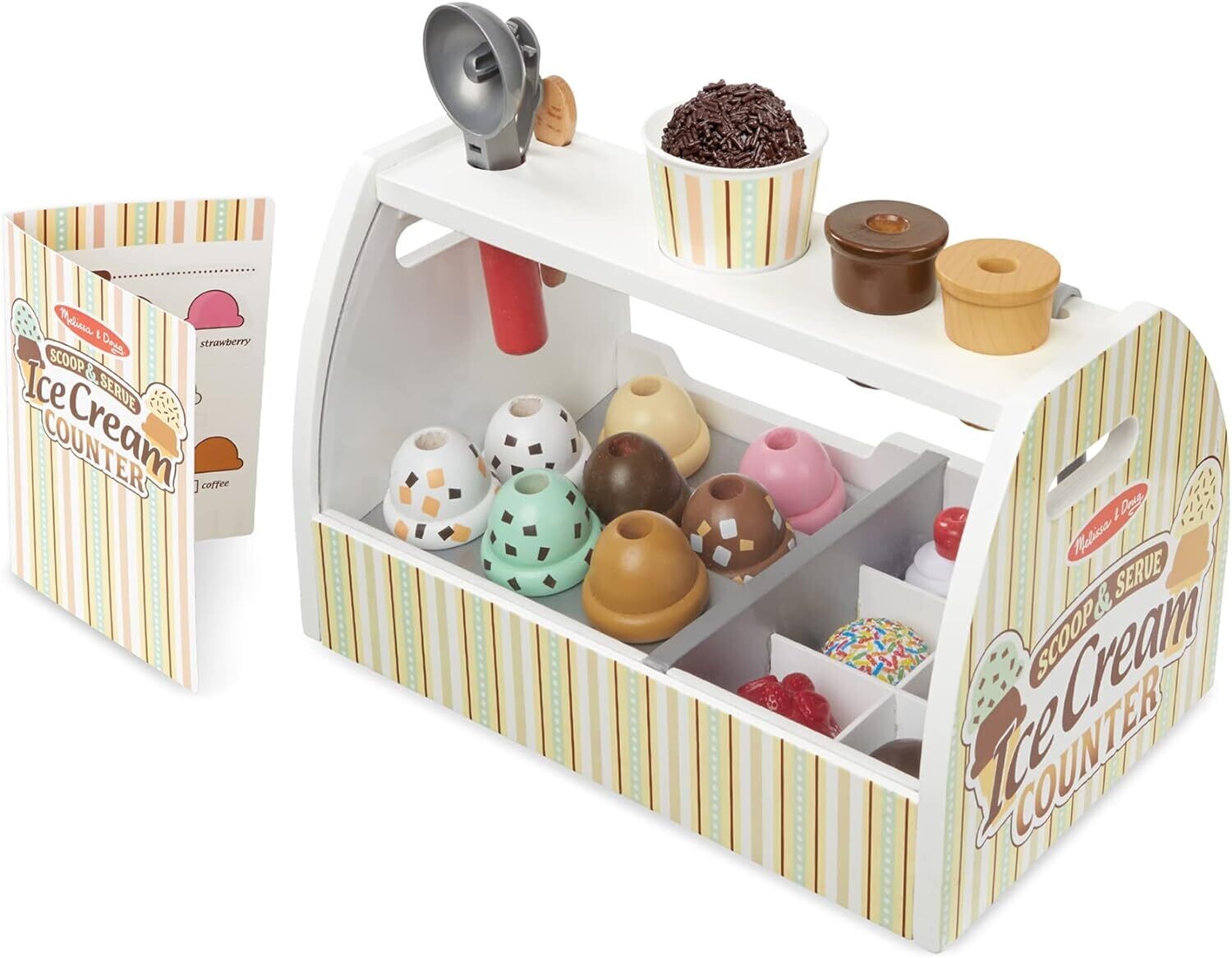 Wooden Scoop and Serve Ice Cream Counter (28 Pieces) - Play Food and Accessories