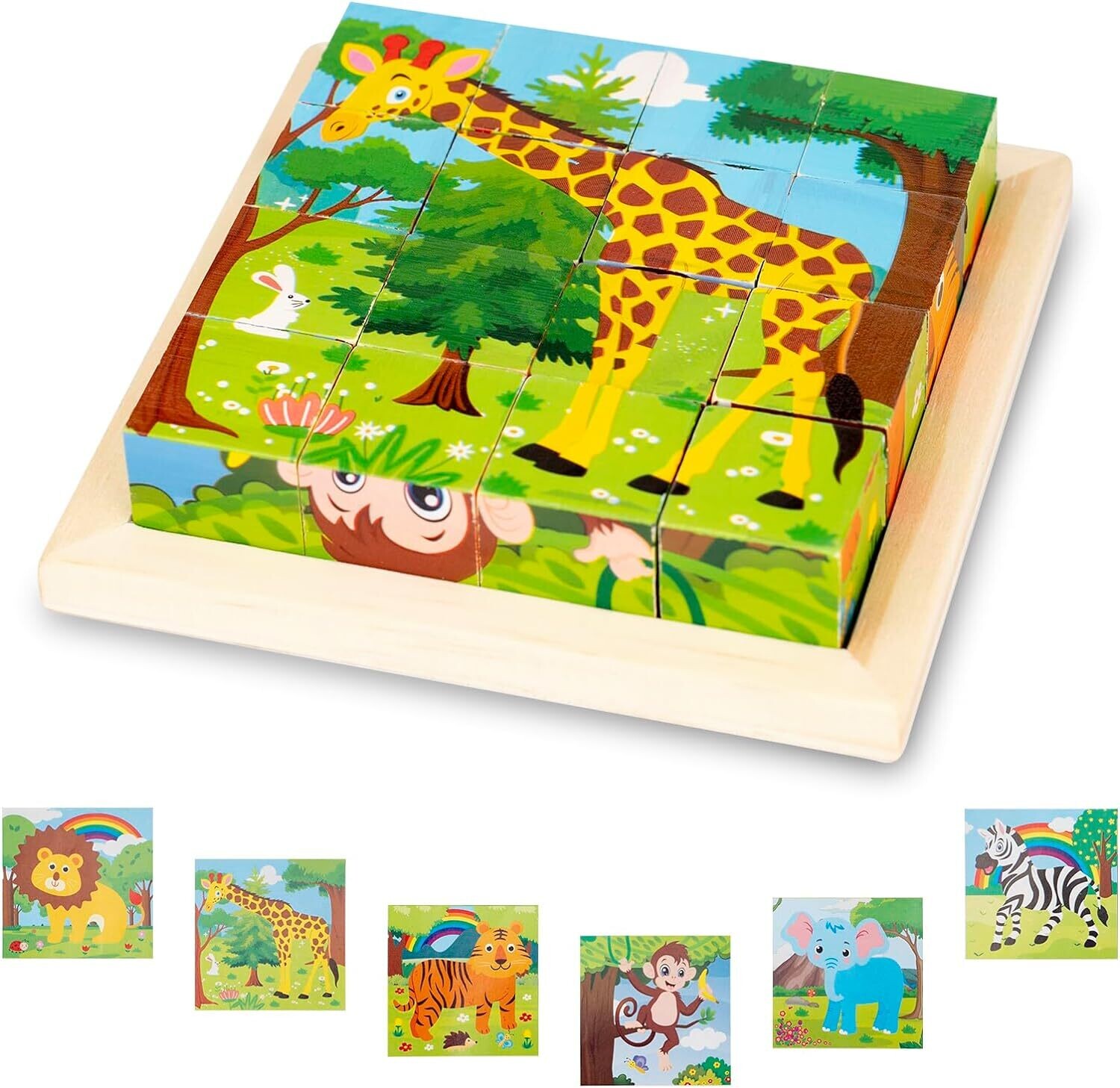 Wooden Picture Cube, Wooden Puzzle, 3D Cube Puzzle, Puzzle Games, 6-in-1 Animal Motifs for Children from 1 2 3 Years