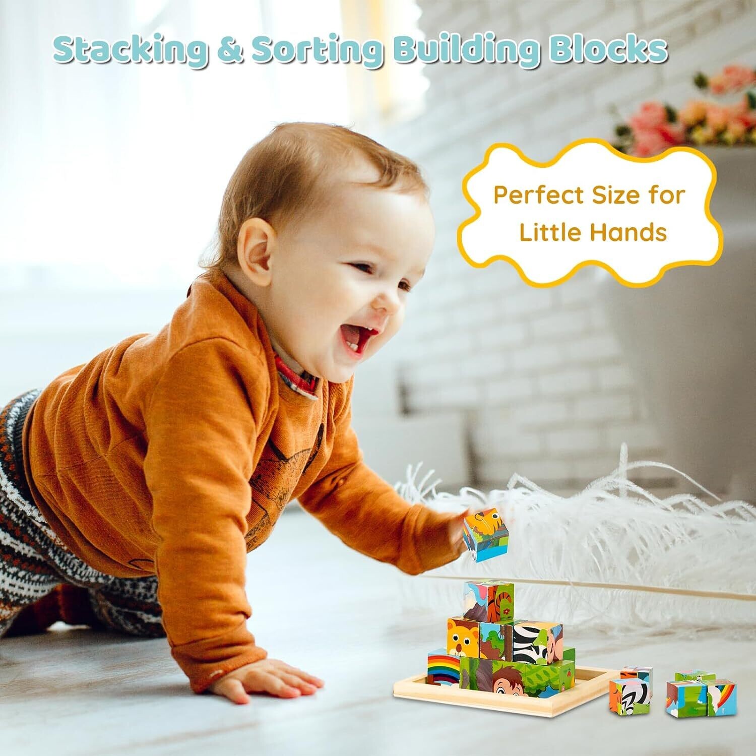 Wooden Picture Cube, Wooden Puzzle, 3D Cube Puzzle, Puzzle Games, 6-in-1 Animal Motifs for Children from 1 2 3 Years