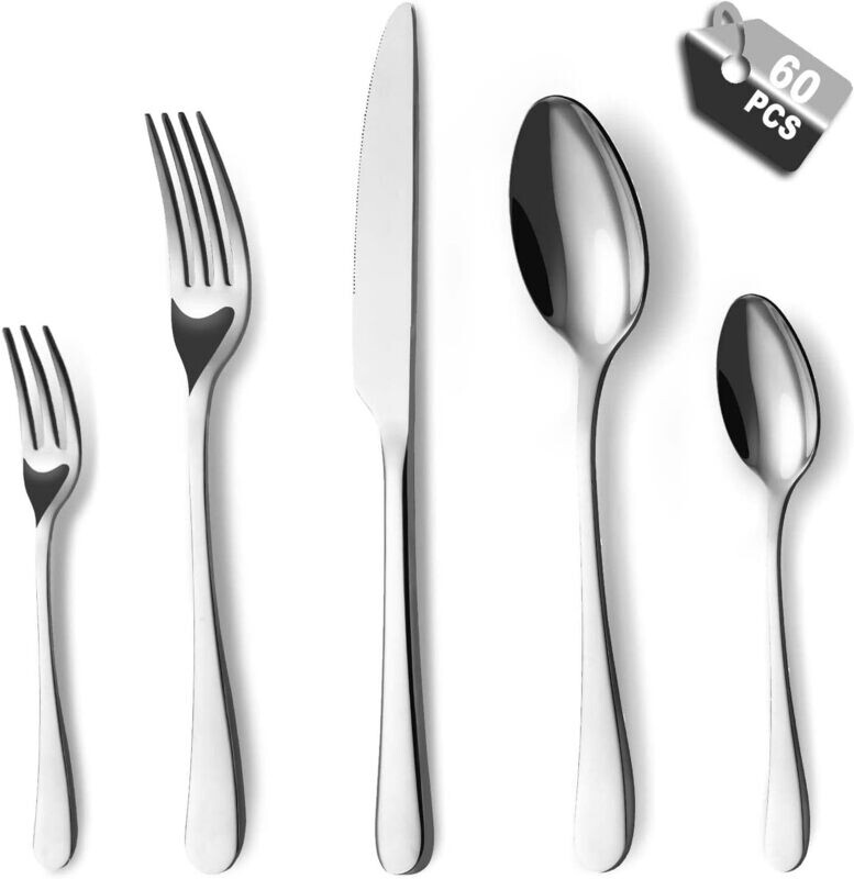60-Piece Flatware Set with Knife, Fork, and Spoon, Mirror Polished Stainless Steel Cutlery, Dishwasher Safe Dining Utensils for Family and Gatherings