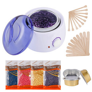 Warm Home Wax Hair Removal Set with 4 Wax Bean Bags, 10 Wooden Spatulas, Eyebrow Face Armpit Bikini Leg Hair Removal waxing Device