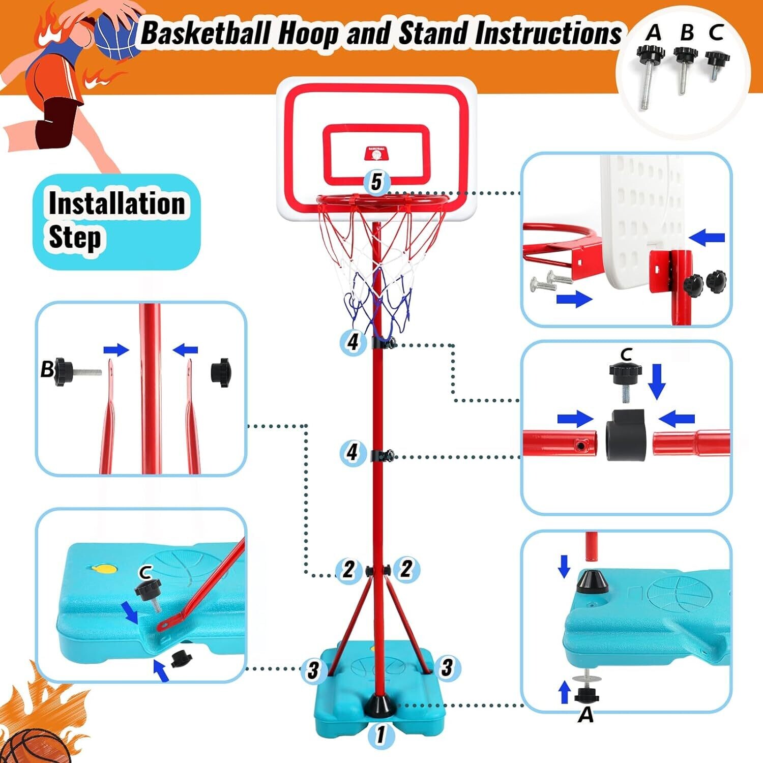190-CM Adjustable Basketball Hoop and Stand for Children with Inflator - Portable and Adjustable Basketball Set with Net and Ball for Children&#39;s Outdoor Games