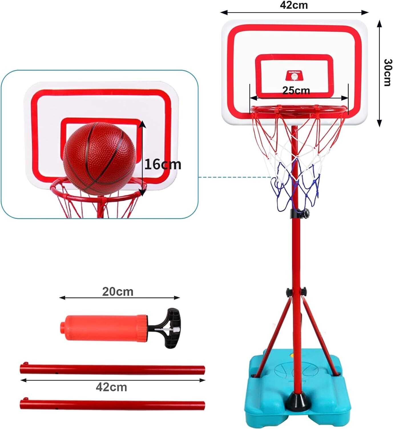 190-CM Adjustable Basketball Hoop and Stand for Children with Inflator - Portable and Adjustable Basketball Set with Net and Ball for Children&#39;s Outdoor Games