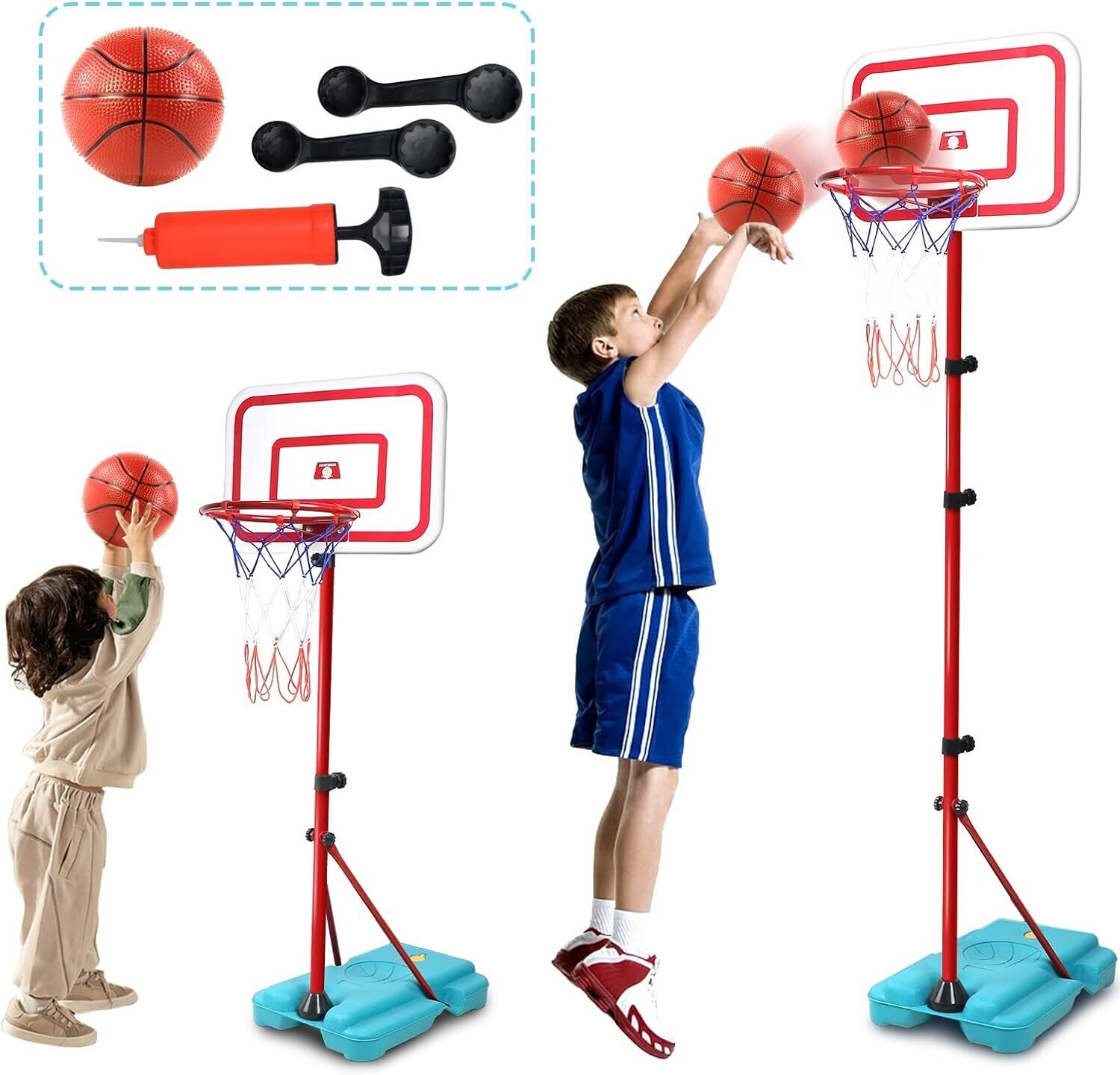 190-CM Adjustable Basketball Hoop and Stand for Children with Inflator Portable and Adjustable Basketball Set with Net and Ball Children's Outdoor Games