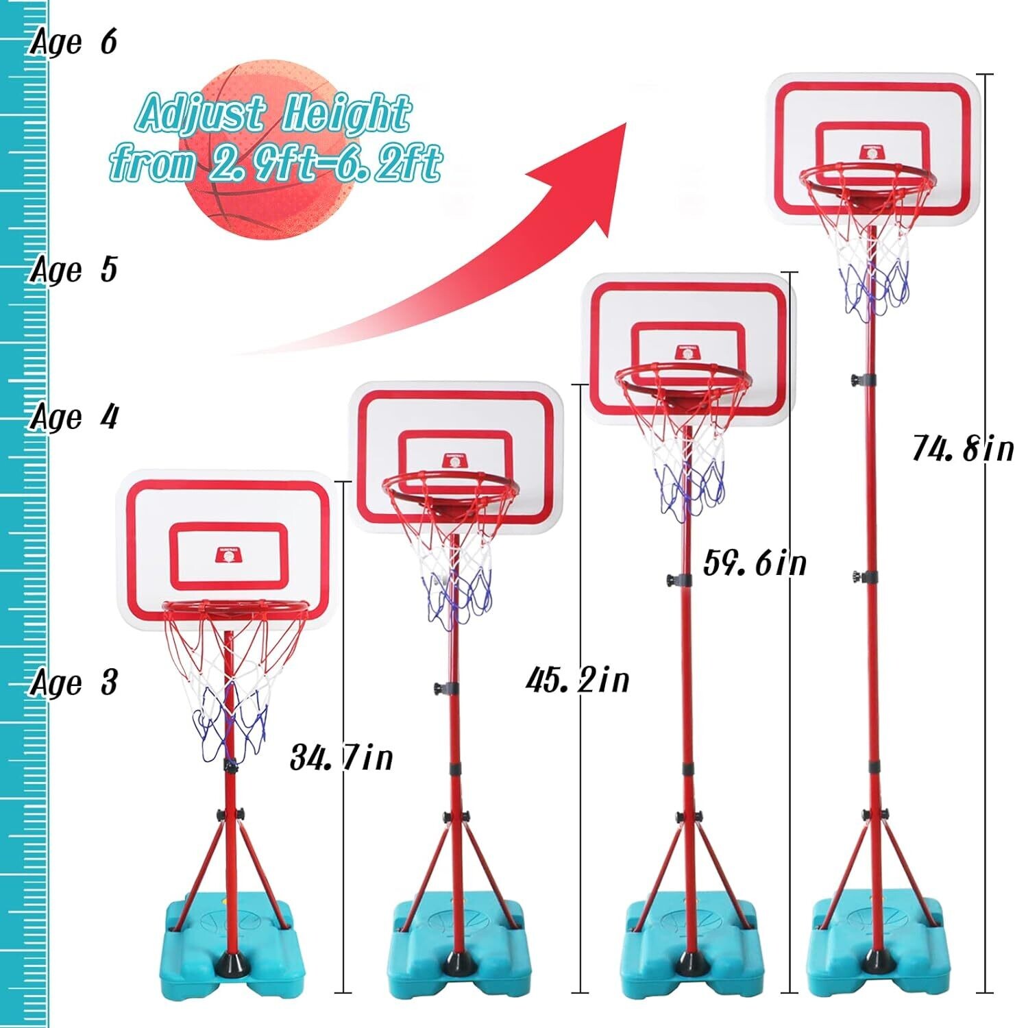 190-CM Adjustable Basketball Hoop and Stand for Children with Inflator - Portable and Adjustable Basketball Set with Net and Ball for Children&#39;s Outdoor Games