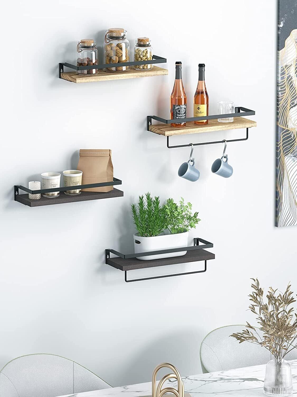 Set of 2 Floating Shelves, Rustic Wall Shelves with Length 42cm, Removable Towel Holder, Wall Mounted Shelves for Bathroom, Living Room, Bedroom, Kitchen