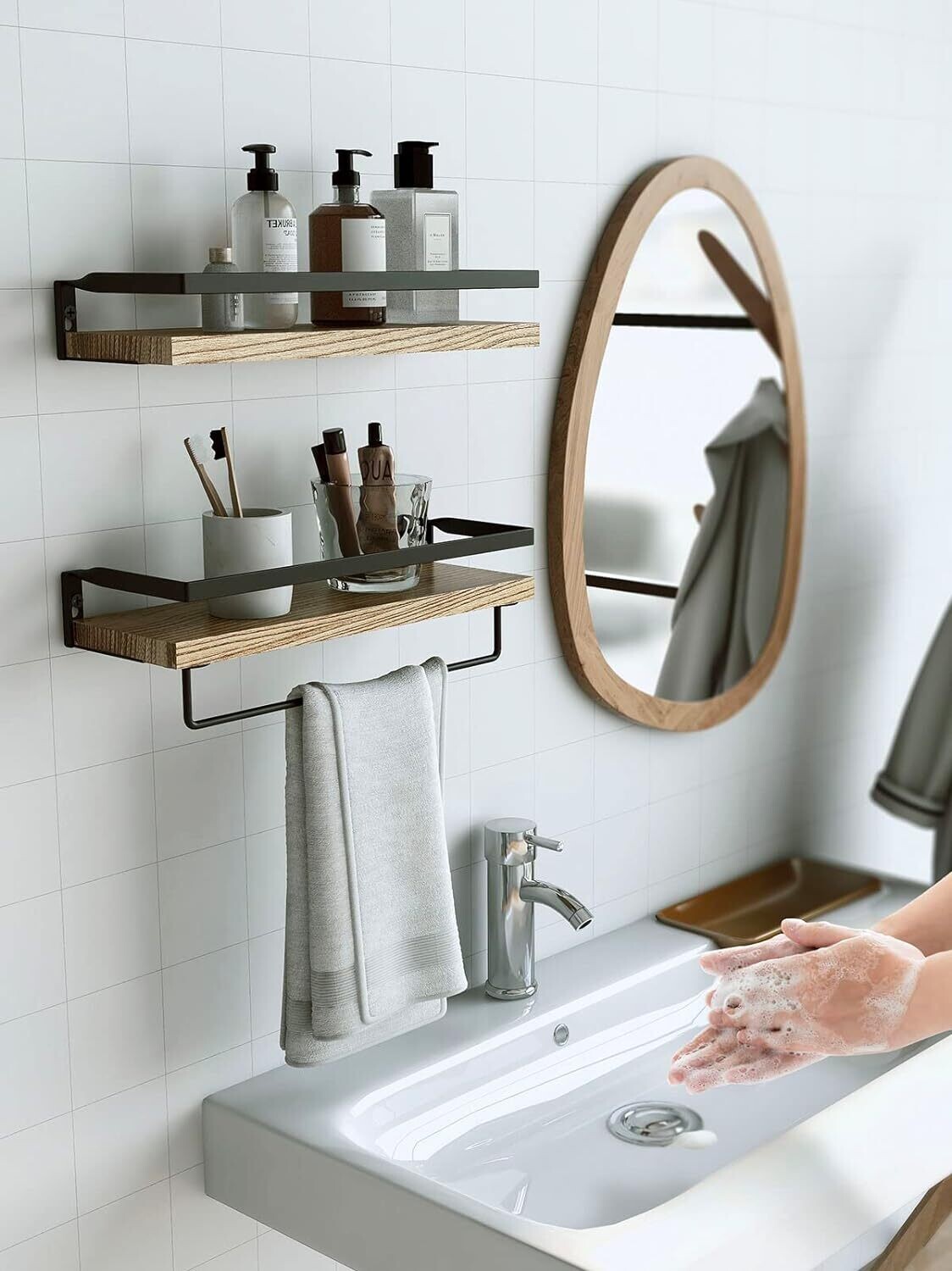 Set of 2 Floating Shelves, Rustic Wall Shelves with Length 42cm, Removable Towel Holder, Wall Mounted Shelves for Bathroom, Living Room, Bedroom, Kitchen