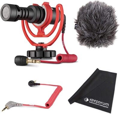 Video Condenser Microphone Kit with 3.5mm Patch Cable and Keepdrum Microfiber Cloth for Camera, Phone, Radio, Recorder, Music, Song, Studio, Camera, Tablet, and Smartphone