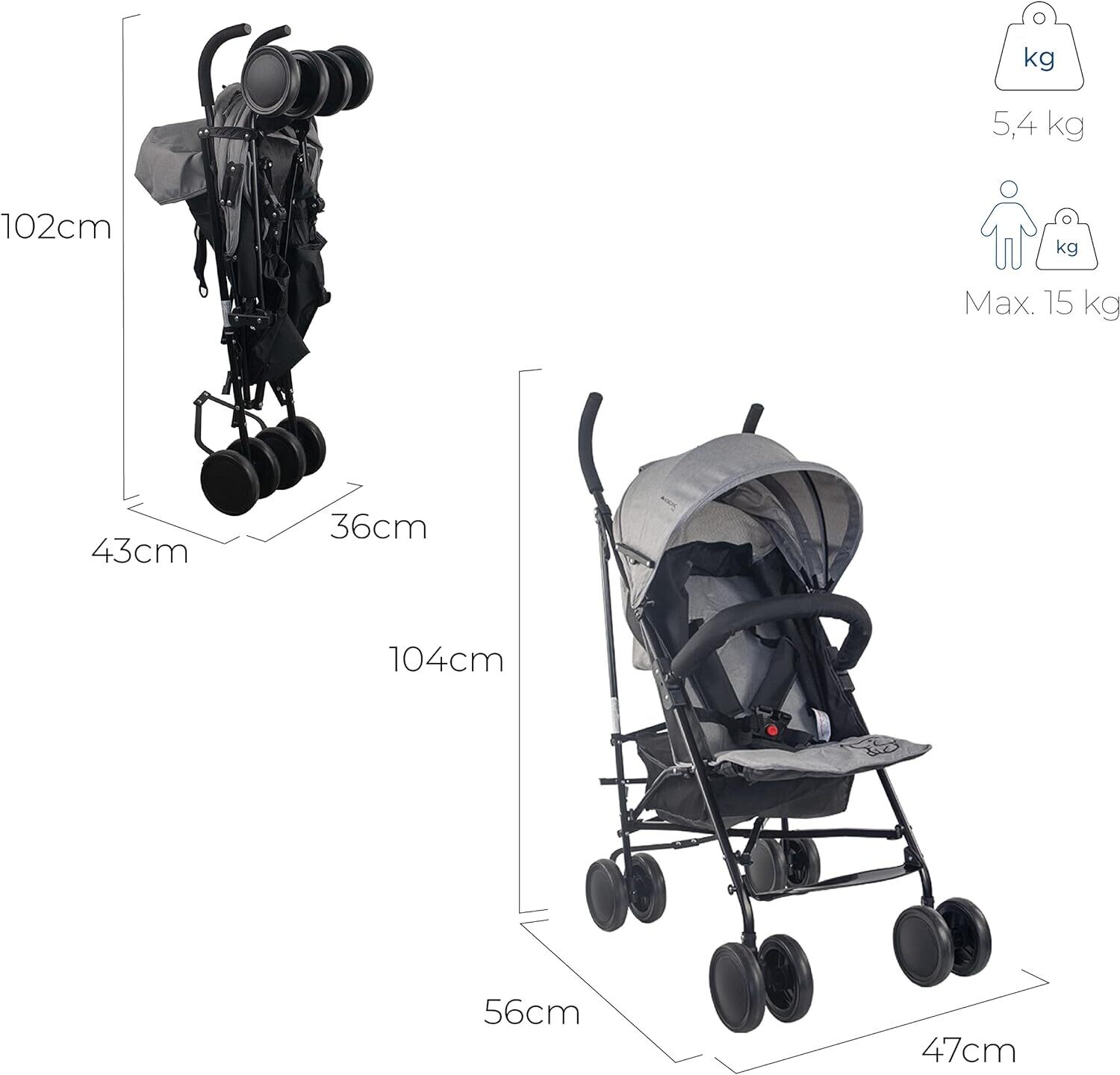 Stroller Pushchair with cover, infant, Pushchair for Toddlers Up to 15 kg (33 lb), Reclining Backrest, Buggy, Double Safety System, Wheels, Lightweight, Grey and Black