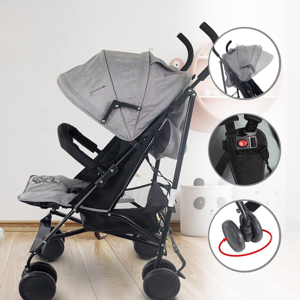 Stroller Pushchair with cover, infant, Pushchair for Toddlers Up to 15 kg (33 lb), Reclining Backrest, Buggy, Double Safety System, Wheels, Lightweight, Grey and Black