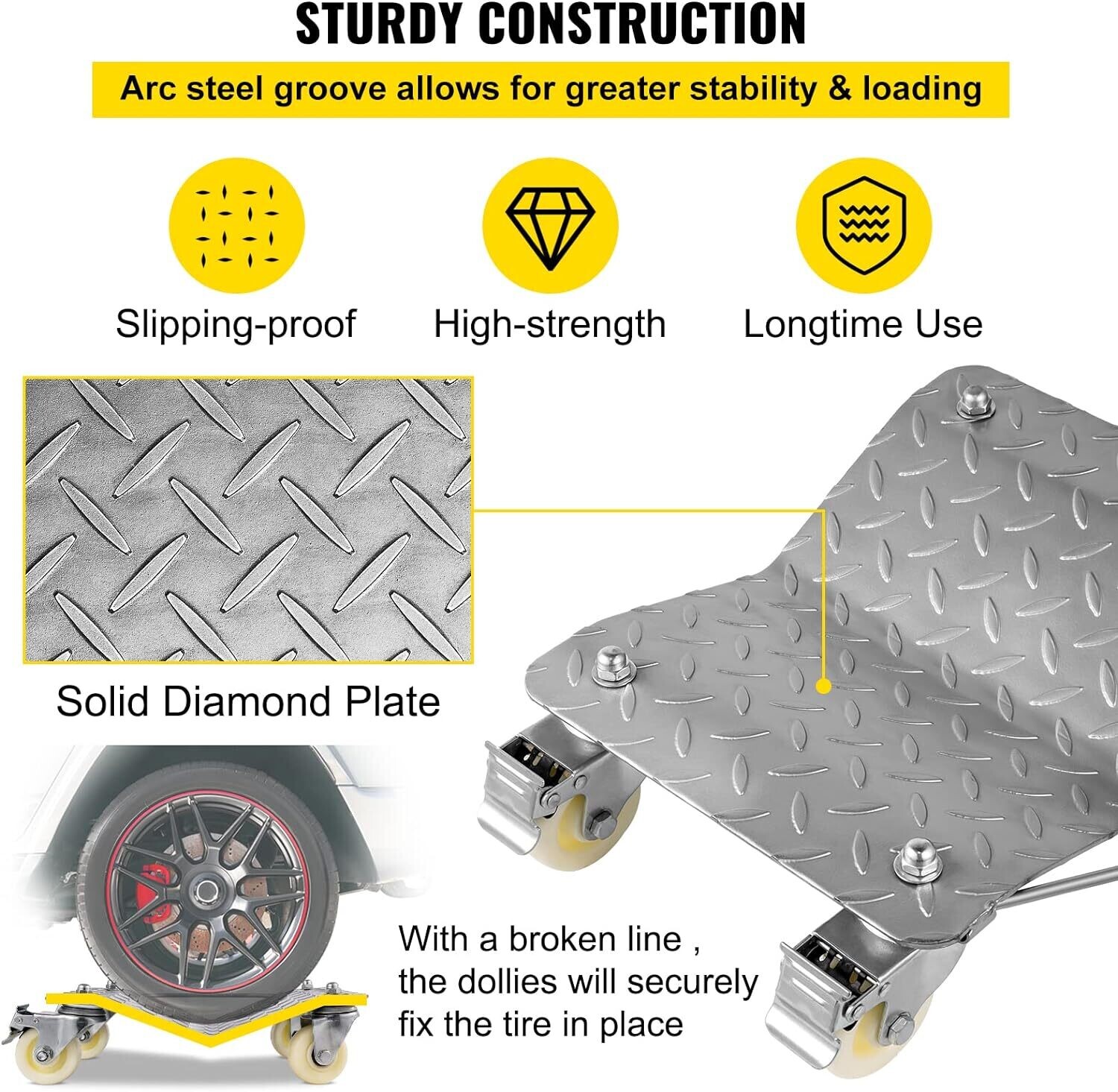 2 Pieces Car Rolling Cart, Vehicle Skids, Auto Repair Mover, 1500 lbs. Weight Capacity, 4 Casters,
