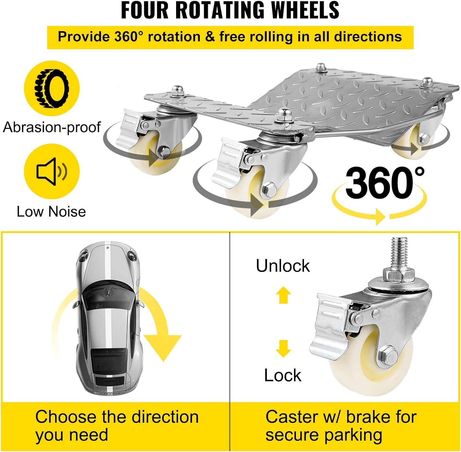 2 Pieces Car Rolling Cart, Vehicle Skids, Auto Repair Mover, 1500 lbs. Weight Capacity, 4 Casters,