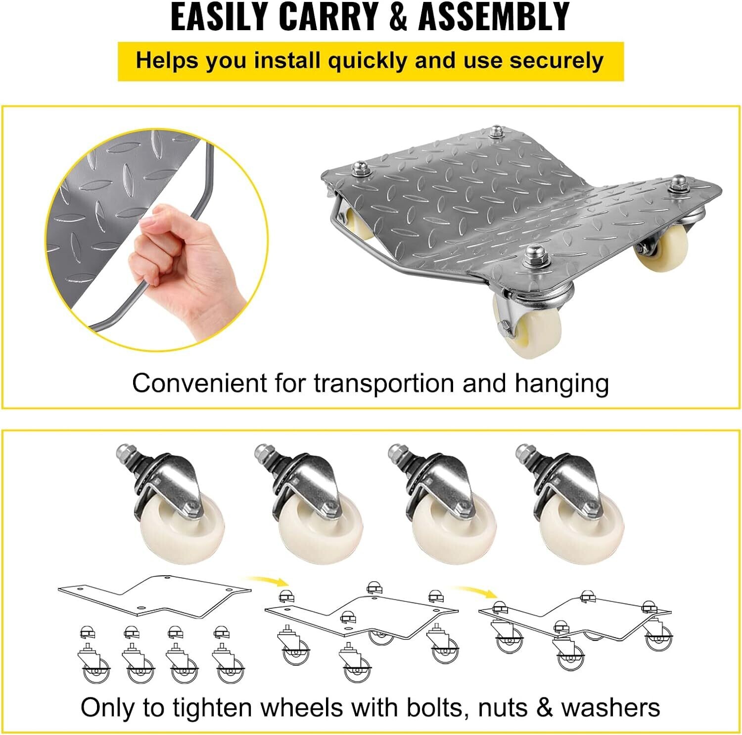 2 Pieces Car Rolling Cart, Vehicle Skids, Auto Repair Mover, 1500 lbs. Weight Capacity, 4 Casters,